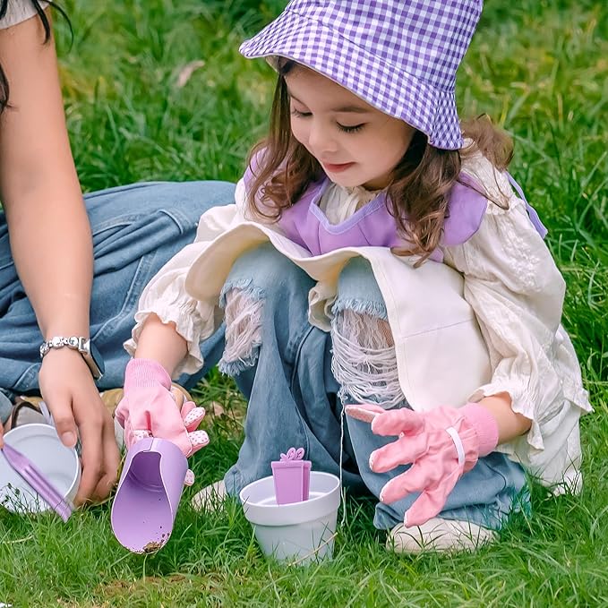 ROBOTIME Kids Gardening Set, 17PCS Toddler Gardening Tools, Toddler Gardening Set with Apron, Hat, Gloves, Watering Can & Tool Bag – Outdoor Play Garden Kit for Kids for Hands-On Learning (Purple )