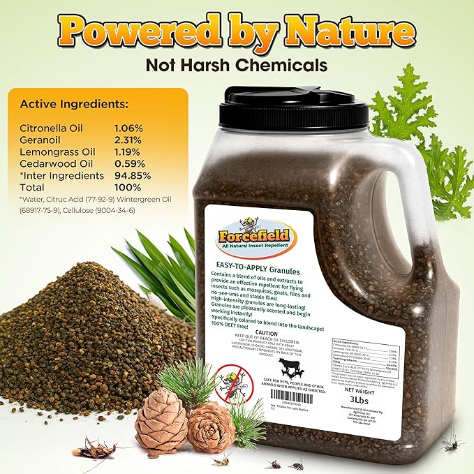 ForceField Natural Mosquito Yard Treatment - Repellent Granules for Backyard Mosquito Control | Pet Safe, DEET-Free Outdoor Control | Long-Lasting Barrier for Lawns, Patios, & Barns 3 LB