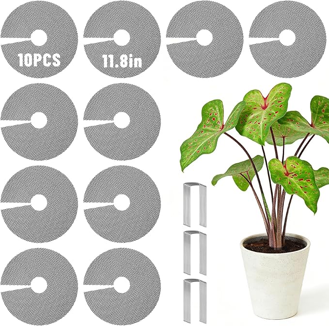 Pack 10 Plant Pot Grids, 11.8" Trim-to-Fit Plant Pot Soil Covers Protectors from Animals,Plant Pot Soil Guard for Indoor Outdoor Plant Protection with 30 Metal Stakes