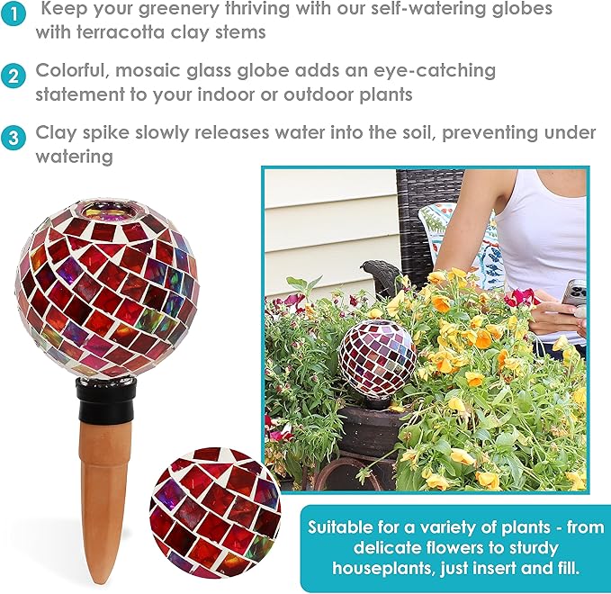 Sunnydaze Mosaic Glass Plant Watering Globe with Clay Spike - Decorative Self-Watering Planter Insert - Water Dripper for Plants - 9.5" - Magenta Medley