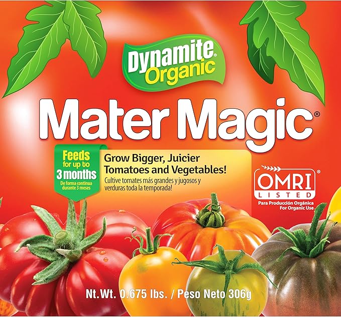 Dynamite Mater Magic - Organic Tomato Fertilizer for Bigger, Juicier Tomatoes and Vegetables, OMRI Listed, Nitrogen and Calcium-Rich Plant Food - .675 Pound Container with Shaker Lid (Pack of 2)
