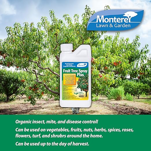 Monterey Fruit Tree Spray Plus for Control of Insects, Diseases, and Mites - Organic Gardening OMRI Listed, Contains Neem Oil and Pyrethrins, Bundled with Garden Measure Spoon - 16 oz