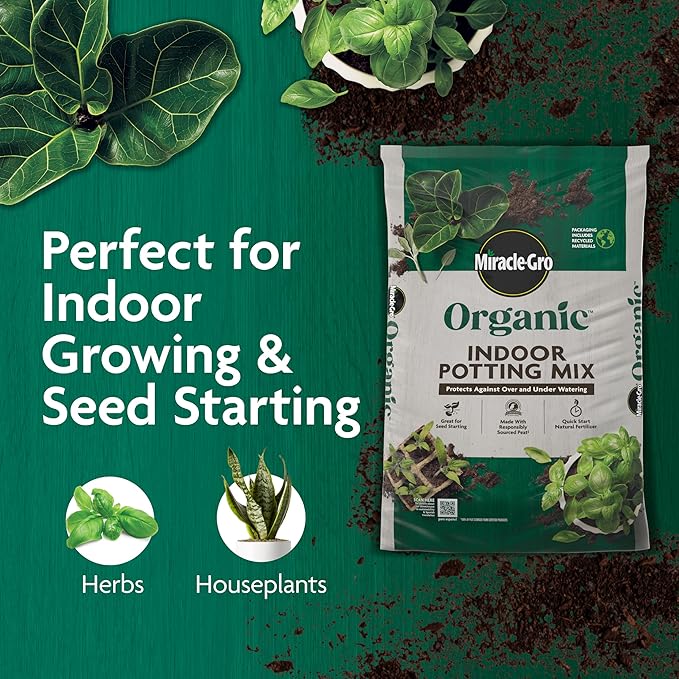 Miracle-Gro Organic Indoor Potting Mix - Protects Against Over and Under Watering, Planting Soil for Indoor Container Plants, Houseplants and Starter Plants, OMRI Listed, 8 qt. (3-Pack)