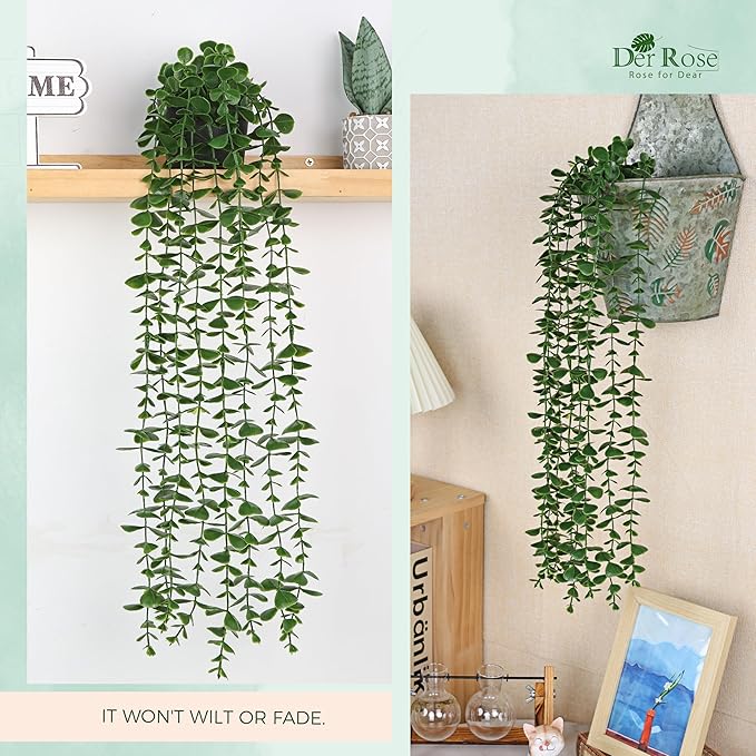 Der Rose 24.8'' Fake Hanging Plants Artificial Potted Eucalyptus Vine Plants Indoor and Outdoor for Office Home Living Room Bathroom Wall Shelf Decor (1Pack)