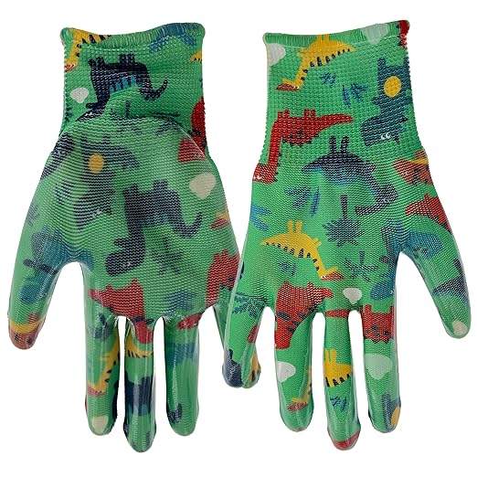 Simply MUD Kids (ages 5-8) Garden Gloves, Nitrile Coating, Lightweight, High Dexterity, Moisture Wicking, Green/Dino Pattern (MD31041M)