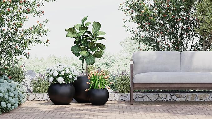 DTY Mount Sherman 16.1'' D x 13.6'' H (Pot Opening 11.8") Fiberstone Round Planter with Drainage Hole, Smooth Finishes, Weather Resistant for Indoor and Outdoor, 2 Extra Coco Mats - Black, Medium