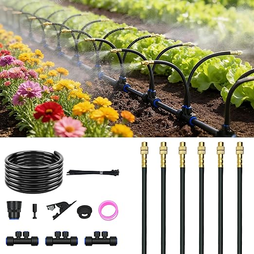 Drip Irrigation System for Garden, Automatic Watering System with Adjustable 360° Copper Spray Nozzles, DIY Drip Irrigation Kit for Yard, Lawn, Greenhouse, Raised Beds & Potted Plants (20FT)