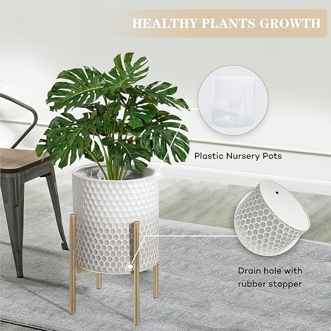 Oakrain Mid Century Planters for Indoor Plants, Set of 2, Modern Decorative Metal Planter Pots for Living Room, Office, Garden or Balcony, Gray and White Gradient Planter with Stand, 8"&10"