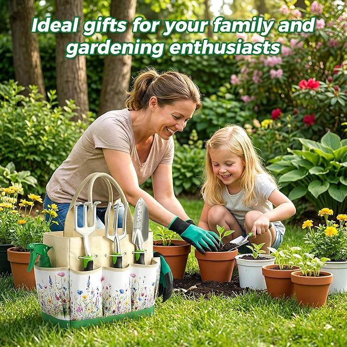 Gardening Tools 10-Piece, Heavy Duty Garden Tool Set with Fashion and Durable Garden Tools Organizer Handbag, Rust-Proof Gardening Hand Tools Weeding Kit, Ideal Gardening Gifts for Women