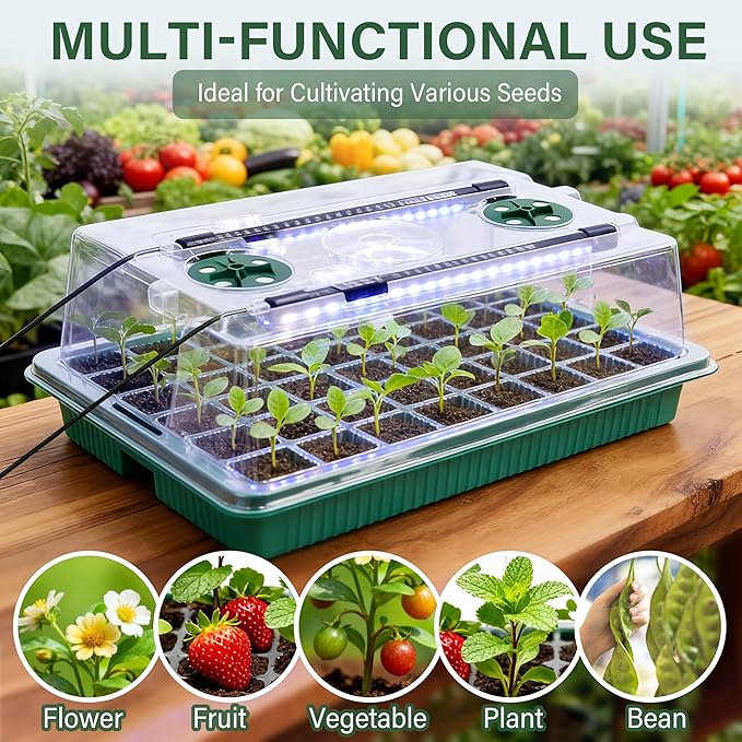 Seed Starter Tray with Grow Light, 2 Pack - 80 Cells Indoor Seeding Kit with Adjustable Humidity Dome, 10 Brightness Levels & Timer & Soil Hygrometer & Seedling Tools, All-in-readiness Seeding Kit