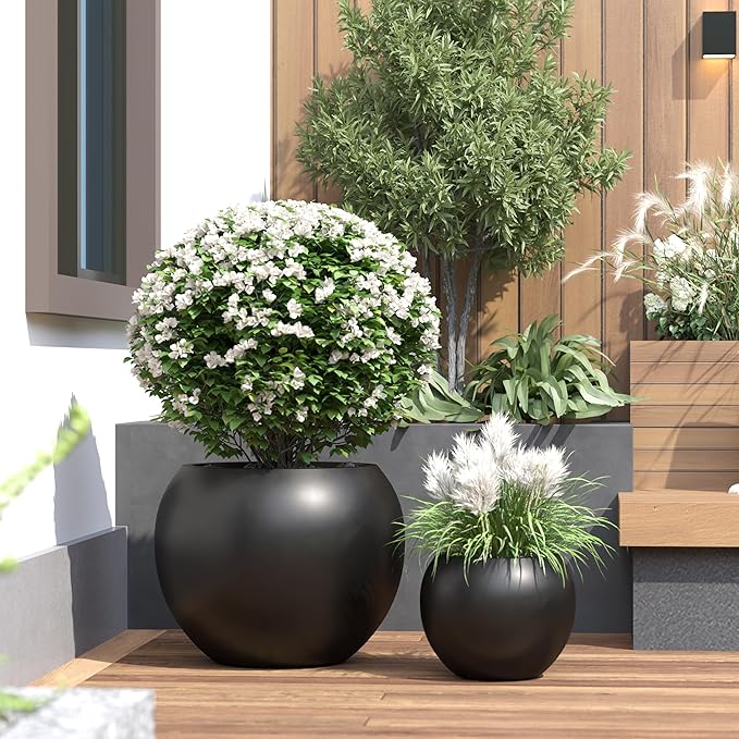 DTY Mount Sherman 12.6" D x 10'' H (Pot Opening 8.5") Fiberstone Round Planter with Drainage Hole, Smooth Finishes, Weather Resistant for Indoor and Outdoor, 2 Extra Coco Mats - Black, Small