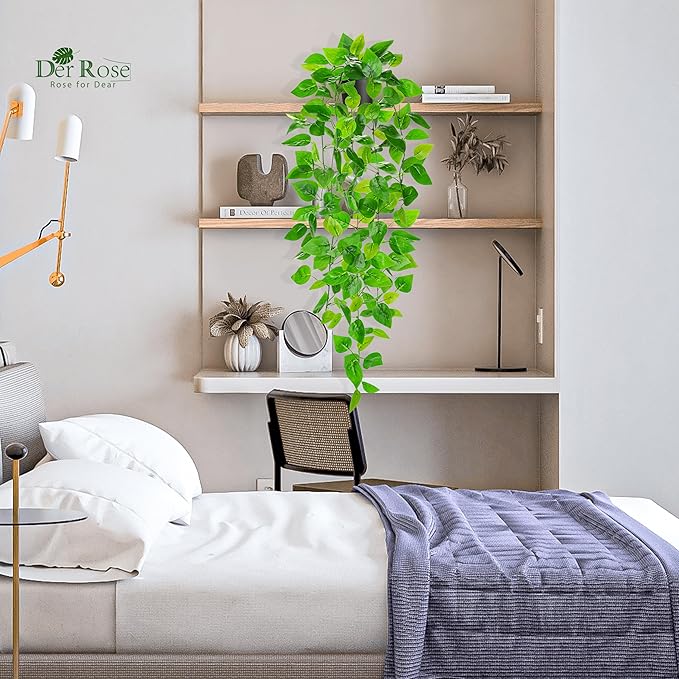 Der Rose 1Pcs 34'' Fake Hanging Plants Artificial Potted Faux Hanging Plants Indoor Pothos Vines for Home Bathroom Bedroom Wall Shelf Decor