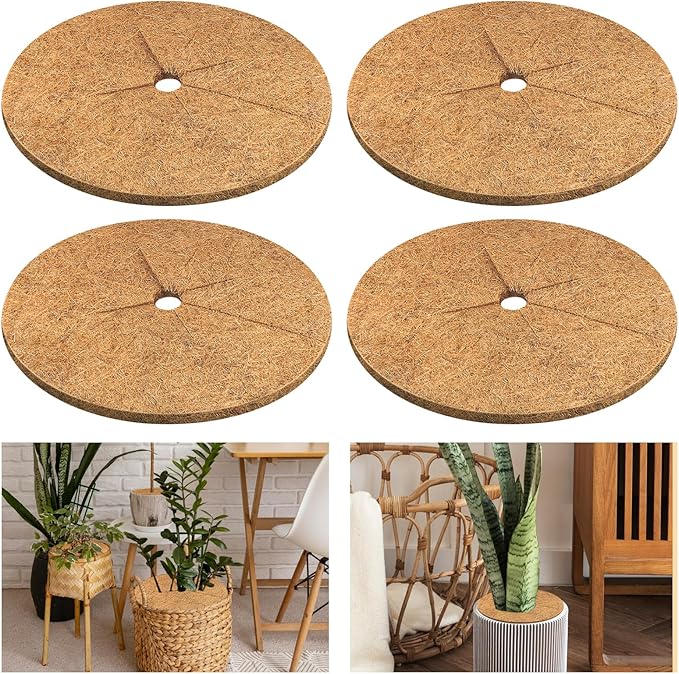 Legigo 4pcs Coconut Fiber Mulch Ring Tree Plant Protector Mat, 14 Inch Natural Coco Coir Tree Mulch Ring Plant Pot Soil Cover, Tree Rings Disc Plant Cover for Indoor Outdoor Plants, Landscaping