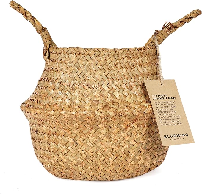 Basket Planter for Indoor Plants – 7 Inch Small Woven Wicker Pot for Olive Tree, Faux Plants, or Snake Plant, Handwoven Seagrass Basket with Handles (Original, Small)
