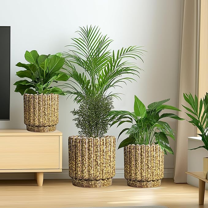 Ceramicfor Ceramic Pots for Plants - 9.6 Inch Ceramic Planters for Indoor Plants, Round Flower Pots with Drainage Hole, Fluted Large Planter Outdoor, Patio Decor, Garden Gifts, Yellow
