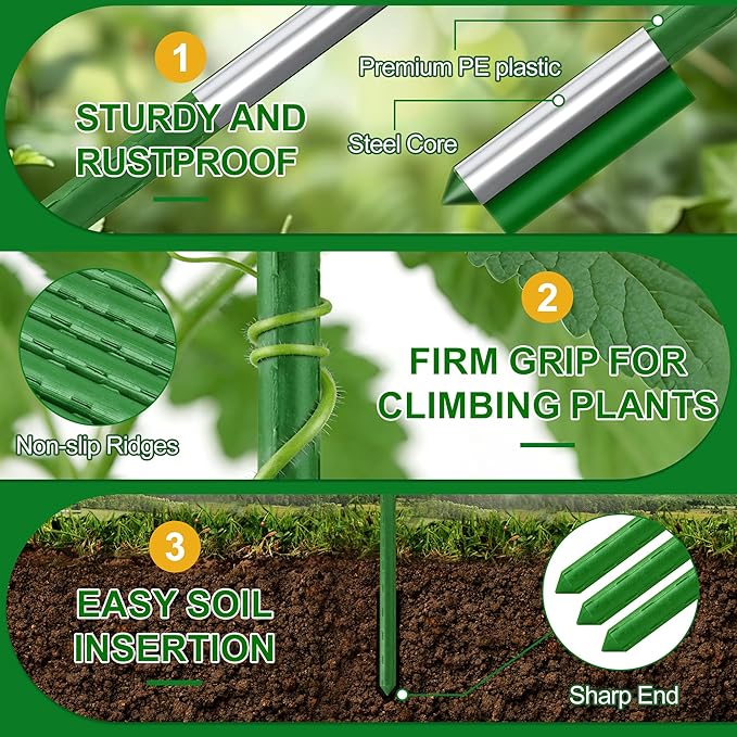 WAENLIR 16 Inch 48 Pack Extendable Garden Stakes Kit, DIY 4ft 5ft 6ft 7ft 8ft Plant Support Stakes with Connectors and Clips, Plastic Coated Metal Sticks for Tomato Indoor Outdoor