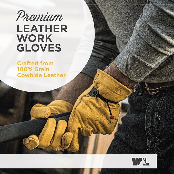 Wells Lamont Leather Work Gloves for Men – Heavy Duty, Cowhide, Abrasion & Puncture Resistant – Adjustable Wrist, Gunn Cut Design, Ideal for Ranching, Farming, Construction -Saddletan - XL