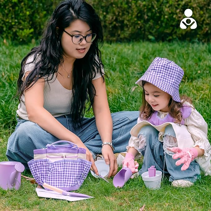 ROBOTIME Kids Gardening Set, 17PCS Toddler Gardening Tools, Toddler Gardening Set with Apron, Hat, Gloves, Watering Can & Tool Bag – Outdoor Play Garden Kit for Kids for Hands-On Learning (Purple )