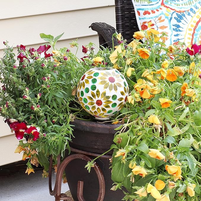 Sunnydaze Mosaic Glass Plant Watering Globe with Clay Spike - Decorative Self-Watering Planter Insert - Water Dripper for Plants - 9.5" - Bright Blooms