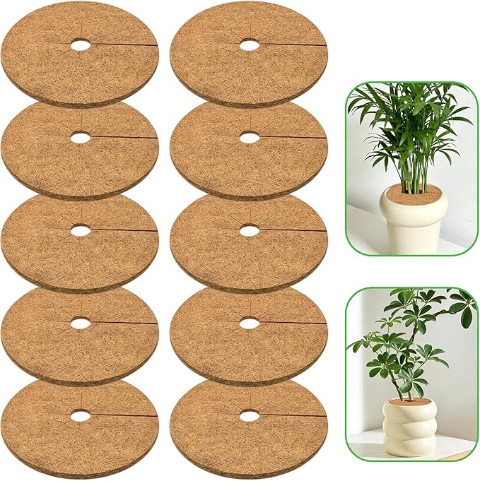 ZeeDix 10 Pack Coconut Fiber Mulch Ring, 6 Inch Coco Coir Tree Ring Mulch Mat, 100% Natural Tree Protector Mat Plant Cover Ring Coconut Coir Discs Tree Mats Mulch Rings for Indoor Outdoor Trees Plants