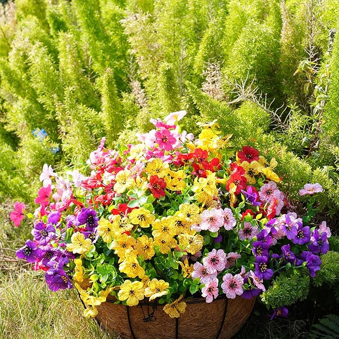 trytuny Artificial Flowers for Outdoor, UV Resistant Fake Silk Flowers, Realistic Faux Plants for Outside Indoor Porch Patio Window Box Planter Home Decor (20, Yellow Purple Rosy Red Blue)