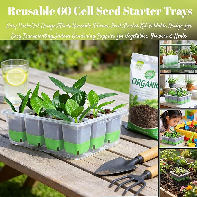 5-Pack Reusable Silicone Seed Starter Kit,Reusable 60Cell Seed Starter Trays with Easy Push-Out Design,Foldable Design for Easy Transplanting,Indoor Gardening Supplies for Vegetables, Flowers & Herbs