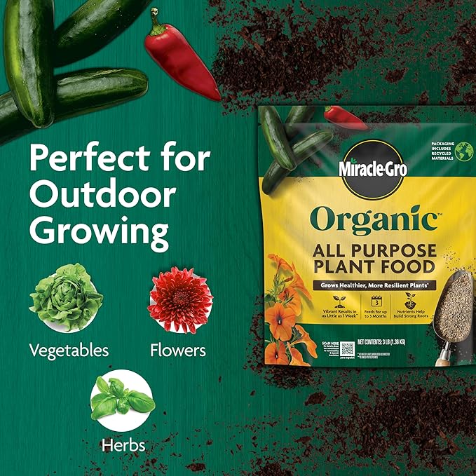 Miracle-Gro Organic All Purpose Plant Food - Garden Fertilizer for Outdoor Vegetables, Flowers, Container and In-Ground Plants, Feeds up to 3 Months, OMRI Listed, 3 lb.