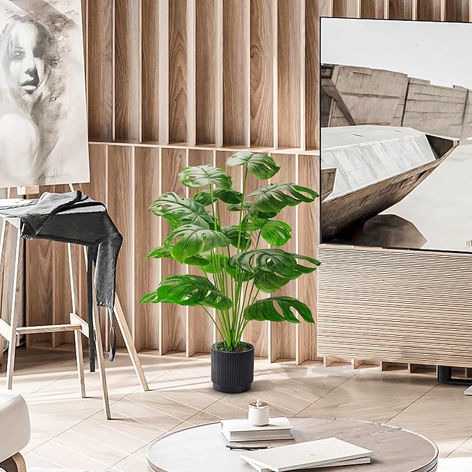 Der Rose 28" Fake Plants Large Artificial Monstera Faux Potted Plants Indoor Tall in Black Pots for Outdoor Floor Front Porch Decor