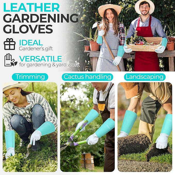 HANDLANDY Long Gardening Gloves for Men & Women, Thorn Proof Rose Pruning Gloves Leather Gauntlets Garden Glove Yard Work Glove (Teal Green, Small)