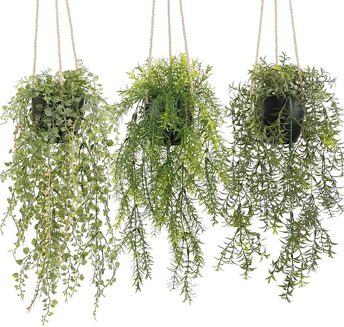 3 Packs Fake Hanging Plants with Black Pots, 18.5" Artificial Hanging Plants for Wall Decor, Fake Plants Mandala Vine Indoor/Outdoor for Home Bathroom Bedroom Kitchen Office Room Decor