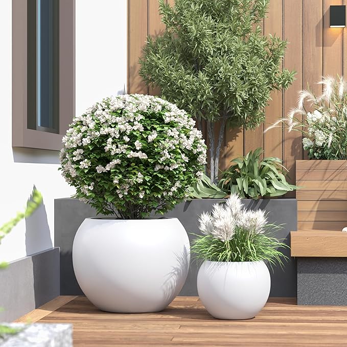 DTY Mount Sherman 16.1'' D x 13.6'' H (Pot Opening 11.8") Fiberstone Round Planter with Drainage Hole, Smooth Finishes, Weather Resistant for Indoor and Outdoor, 2 Extra Coco Mats - White, Medium