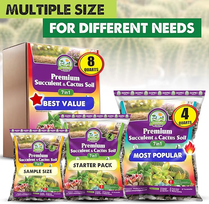 DUSPRO Succulents Soil Potting Mix – 7 in 1 Ingredients Well-Draining, Nutrient-Rich Cactus Potting Soil for Succulents and Cacti, Indoor & Outdoor Use, Ready to Use, Supports Healthy Root Growth, 4QT