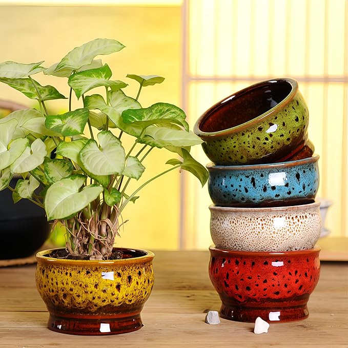 Cute Circular Ceramic Home Garden Decoration Succulent Cactus Flower Pots Container No Tray -Plant Not Included (Red, 4.3 inch)