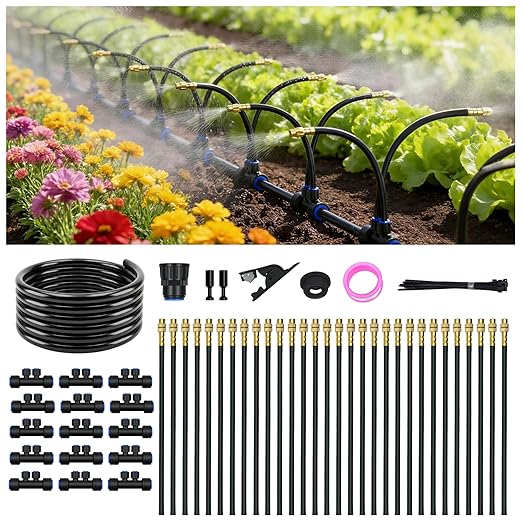 Drip Irrigation System for Garden, Automatic Watering System with Adjustable 360° Copper Spray Nozzles, DIY Drip Irrigation Kit for Yard, Lawn, Greenhouse, Raised Beds & Potted Plants (50FT)