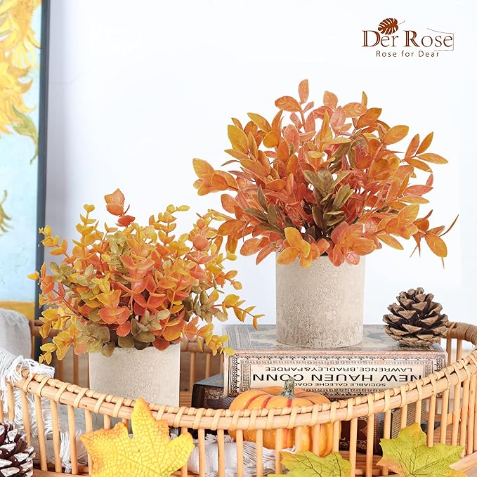 Der Rose 3 Pack Mini Potted Fake Plants Artificial Plastic Eucalyptus Plants Topiaries for Home Office Desk Farmhouse Shelf Room Bathroom Decor(Orange)
