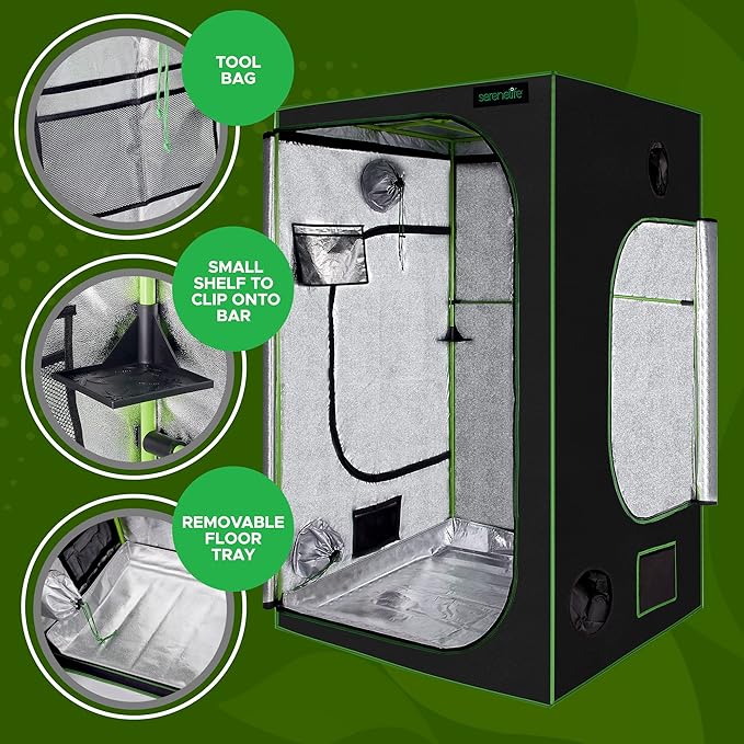 SereneLife Medium Hydroponic Grow Tent Garden - 48'' x 48'' x 80'' Indoor Plant Growing System w/ Durable Reflective 600D Mylar, Observation Window - Includes Removable Floor Tray, Pole Shelf