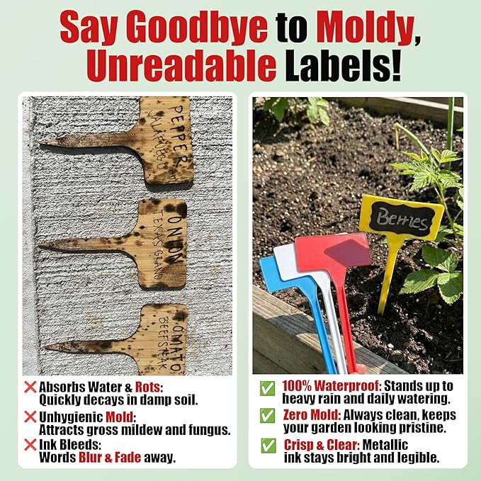 100 Pack Large 11.8" Plant Labels for Outdoor Garden Waterproof, T-Type Garden Label Stakes & Plant Tags with Black Stickers & Gold Pen, Tall Plant Markers for Outdoor Plants, Vegetables