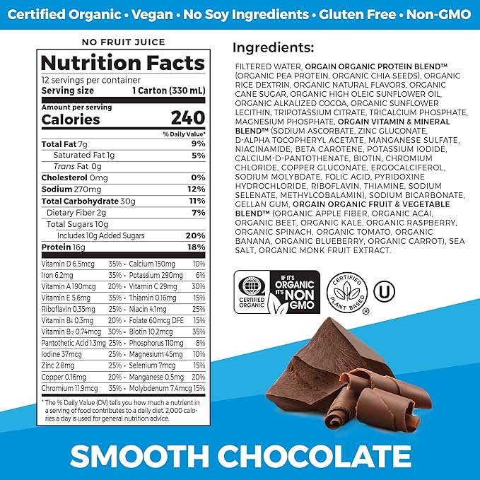 Orgain Organic Nutritional Vegan Protein Shake, Smooth Chocolate - 16g Plant Based Protein, Meal Replacement, 22 Vitamins & Minerals, Fruits & Vegetables, Gluten Free, Non-GMO, 11 Fl Oz (Pack of 24)