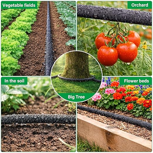 MIXC Drip Irrigation System with 100FT 1/4" Soaker Hose - 80% Water Savings, Weeping Tech for Deeper Root Watering, Garden Kit with 10FT 1/2" Tubing for Raised Beds, Vegetables, Lawn, Greenhouse
