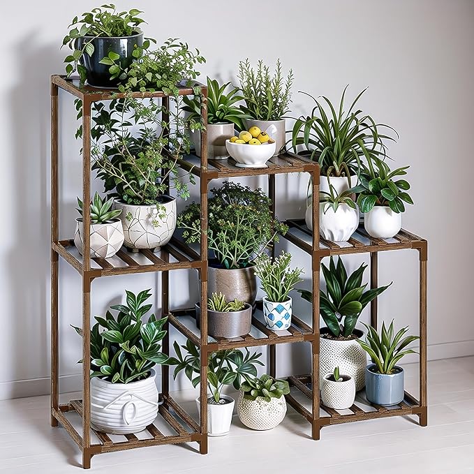 GENTINGBRO Plant Stand Indoor Outdoor Wood Plant Shelf for Multiple Plants Corner Plant Rack Window Flower Stand for Garden Patio