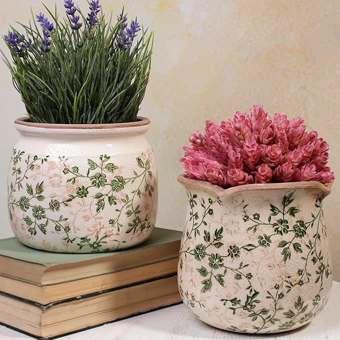 Xiaan Jiaju Vintage Ceramic 6.11'' Plant Pots, Decorative Vase for Indoor Garden, Room & Home Decor, Sage Beige