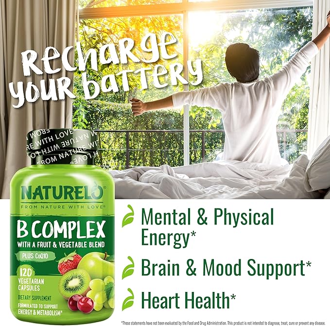 NATURELO Vitamin B Complex,120 Capsules, Vegan, CoQ10, Methyl Folate, Biotin, Fruit & Veg Blend, Supports Energy and Healthy Stress Response, Super B Complex Vitamins for Women and Men