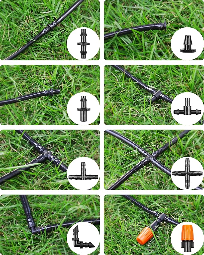Drip Irrigation Fittings Kit for 1/4 Inch Tubing, 260 Pcs 1/4" Drip Line Barbed Connectors - 85 Couplings, 55 Tees, 10 Nozzles, 10 Nozzle Tees, 25 Single barbs, 25 Elbows, 25 Plugs, 25 Crosses