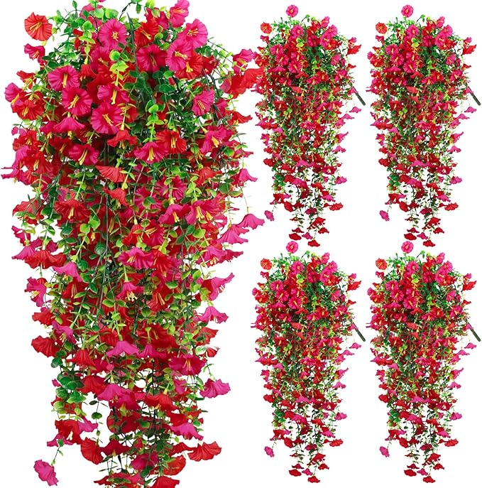 4-Pack Fake Hanging Plants, Faux Hanging Plant Artificial Greenery for Living Room Bedroom Boho Wall Shelf Indoor Outdoor Decor (Light Purple Pink Morning Glory)