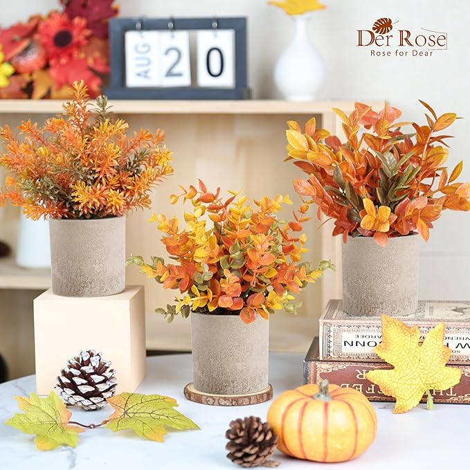 Der Rose 3 Pack Mini Potted Fake Plants Artificial Plastic Eucalyptus Plants Topiaries for Home Office Desk Farmhouse Shelf Room Bathroom Decor(Orange)