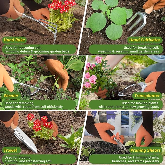 22Pcs Gardening Tools Set for Women Heavy Duty Garden Hand Tool Kit Garden Gifts for Mom Beginner Gardening Accessories with Tote Bag/Shovel/Repotting Mat/Plant Labels/Gloves-Black