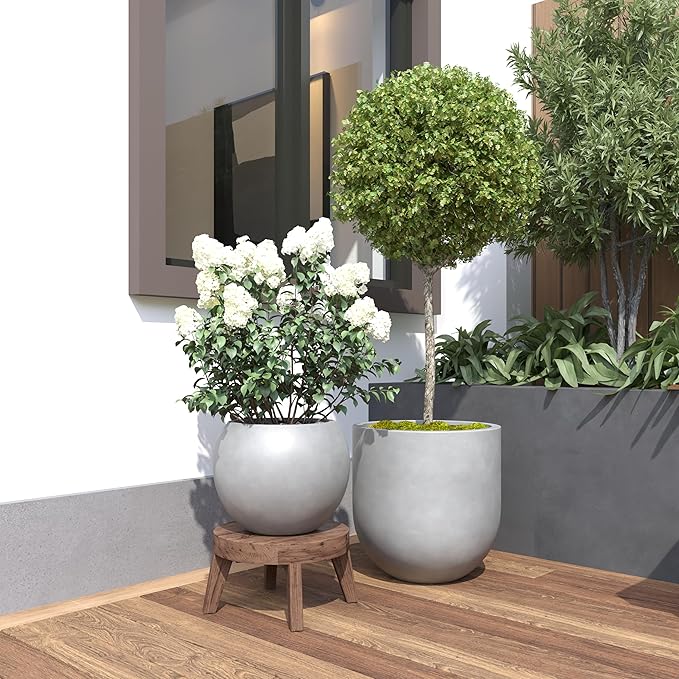 DTY Mount Sherman 16.1'' D x 13.6'' H (Pot Opening 11.8") Fiberstone Round Planter with Drainage Hole, Smooth Finishes, Weather Resistant for Indoor and Outdoor, 2 Extra Coco Mats - Gray, Medium