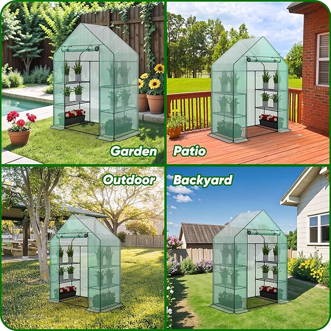 3 Tiers 6 Shelves Walk-in Green House, Portable Greenhouse w/Durable PE Cover, Roll Up Zipper Door, Steel Frame Greenhouse w/ Ground Pegs, Ropes for Garden, Patio, Backyard