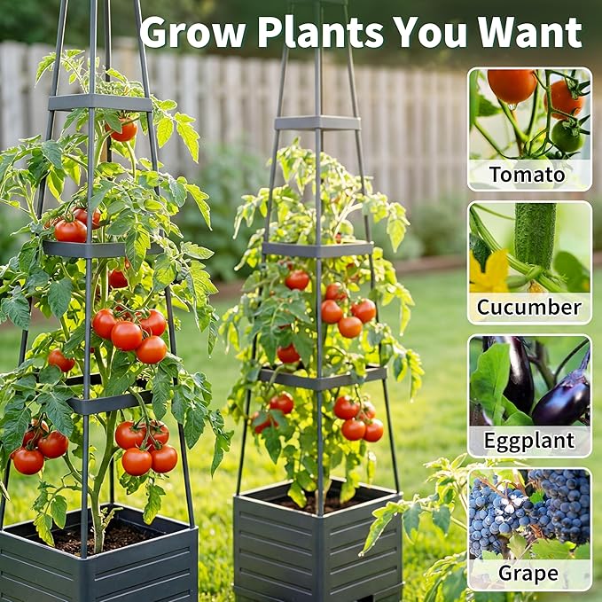 SYITCUN Tomato Planter with Trellis, 57 Inch Self-Watering Planter Box 2-Pack, Grey Planter with Metal Support for Outdoor Indoor Climbing Plants