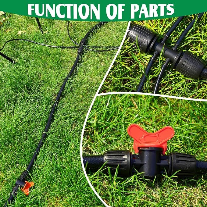 50FT 1/2" Inch Drip Irrigation Tubing Set Include Switch Valves Tees Couplings Barbed End Plugs Faucet Adapters Suitable for Home Vegetable Garden Patio Lawn Flower Bed Agricultural Irrigation